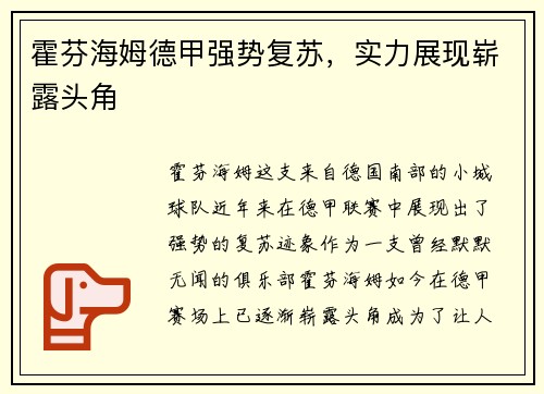 霍芬海姆德甲强势复苏，实力展现崭露头角